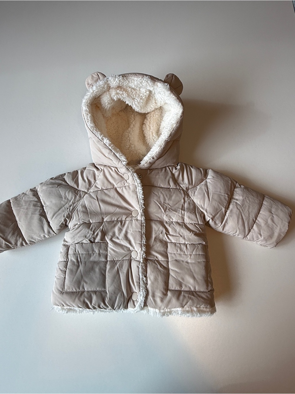 MANGO Baby Puffer Tan Hooded Jacket with Sherpa Lining - 3-6 months